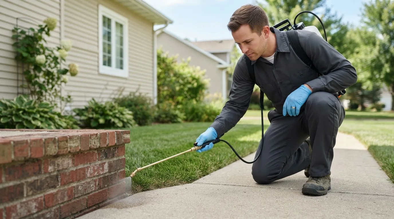 Pest control technician treating a home near Connersville, IN