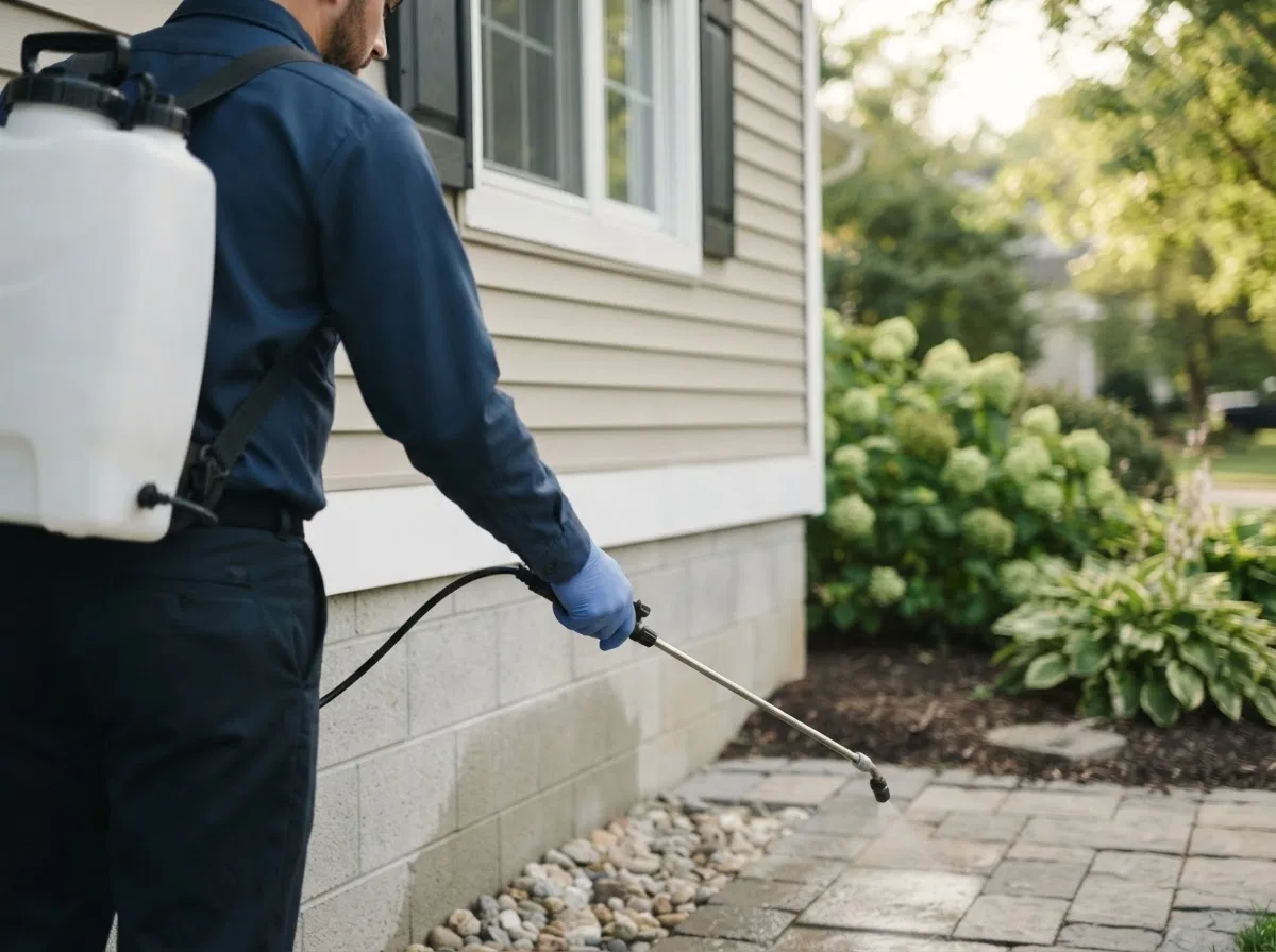 Pest control technician inspecting a home in Connersville, IN